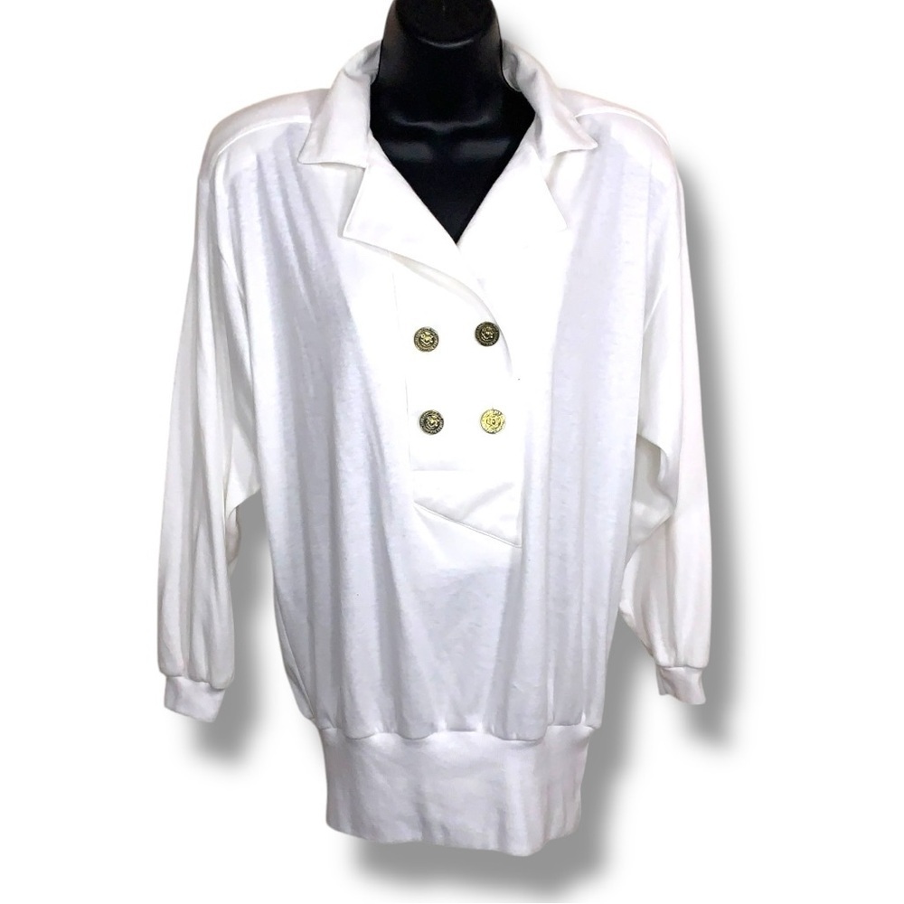 Vintage Large Peter Popovitch White Top Shoulder Pads Long Sleeve Gold Nautical